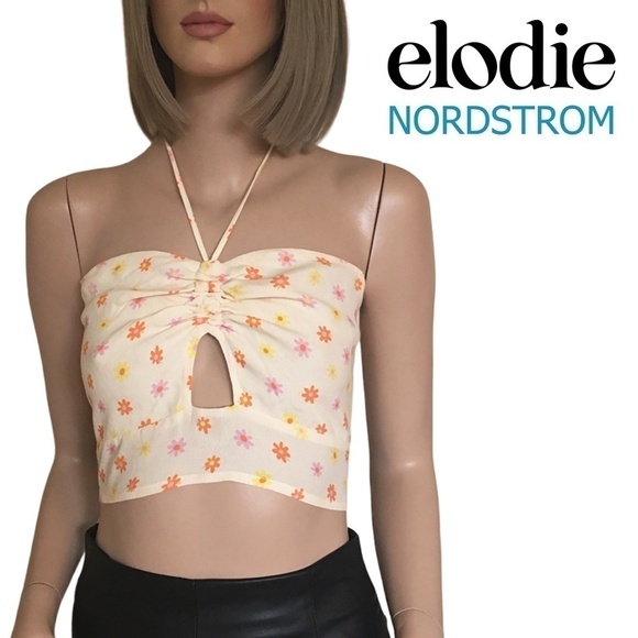 Elodie Yellow Shirred Smocked Floral Halter Top Blouse Tank Floral Rayon NWOT - Picture 1 of 13